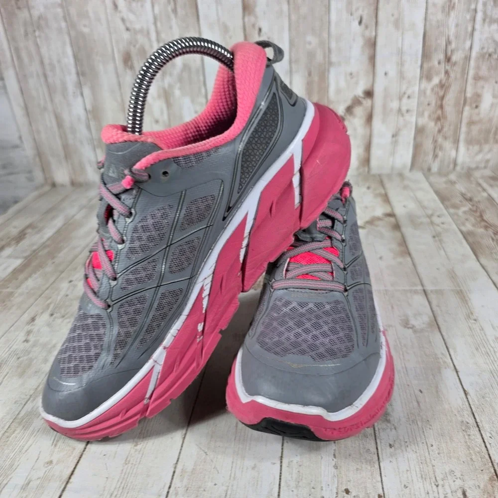 Hoka Clifton 2 Pink and Gray Athletic Shoes - Picture 5 of 7